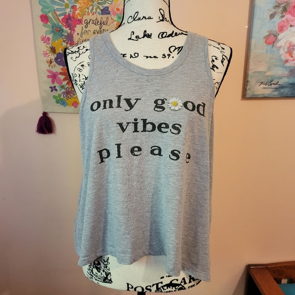 American Rag 'Good Vibes Only Please' VintagevGray Sleeveless Swing Top, EUC, S